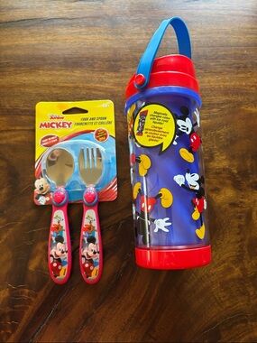 Mickey Mouse Kids Fork & Spoon Set + Mickey Color-Changing Sipper - Blue & Red